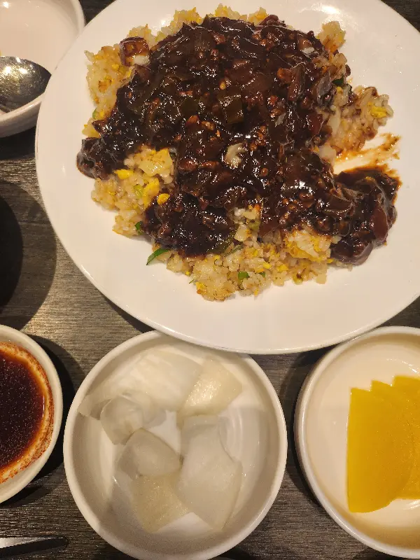 짜장 소스가 듬뿍 뿌려진 볶음밥