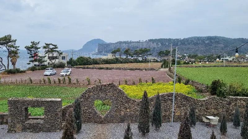 돌담 너머 보이는 바다 풍경