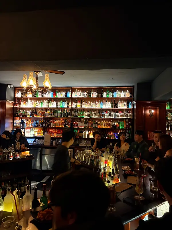 다양한 술병이 진열된 바 테이블