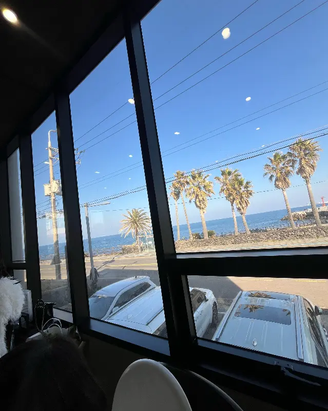 통창으로 보이는 푸른 제주 바다 풍경