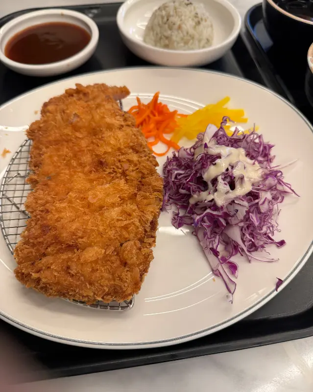 돈까스와 샐러드, 밥이 함께 담긴 쟁반