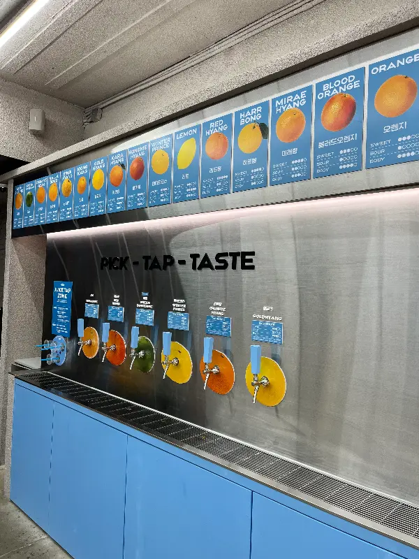 귤메달 하우스 내부: 다양한 귤 품종 주스를 맛볼 수 있는 공간