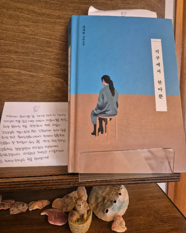 책과 작은 소품들이 놓여있는 선반