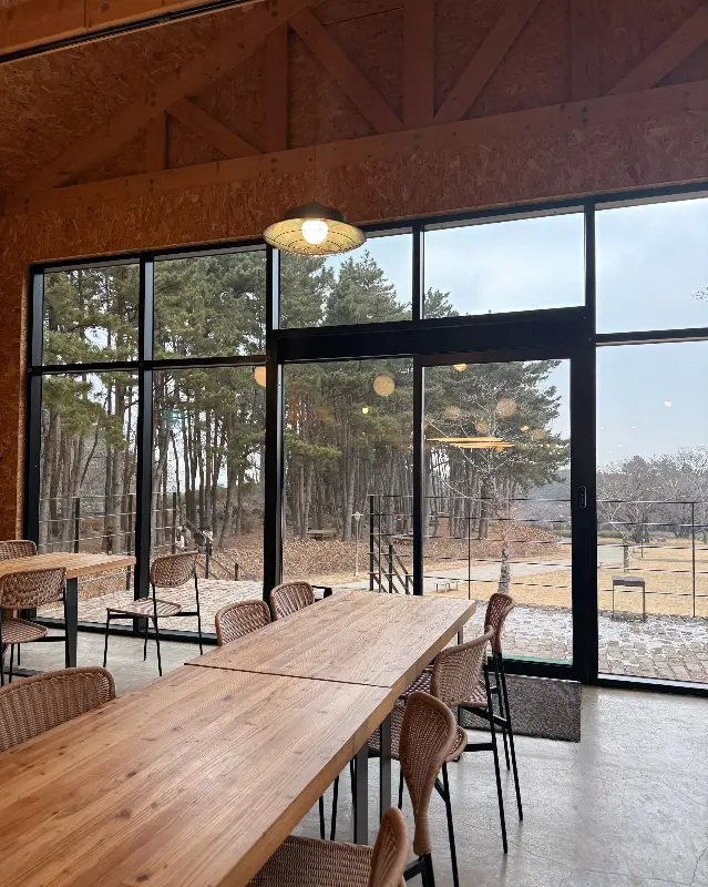 카페 내부 테이블에서 창밖을 바라보는 모습