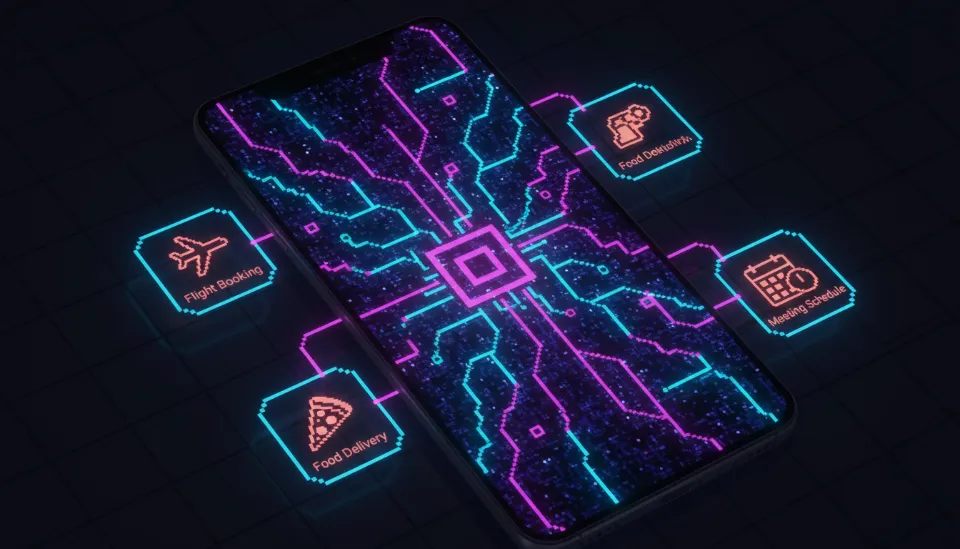 앱 아이콘 대신 뉴럴 네트워크 패턴과 업무 버블들이 연결된 미래형 스마트폰 인터페이스의 에이전틱 OS 시각화