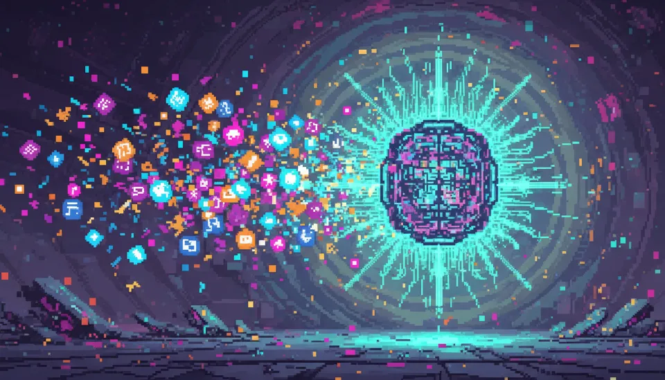 파편화된 앱 아이콘들이 빛의 입자로 부서지며 하나의 강력한 AI 코어로 통합되는 모습의 플랫폼 패러다임 전환 일러스트