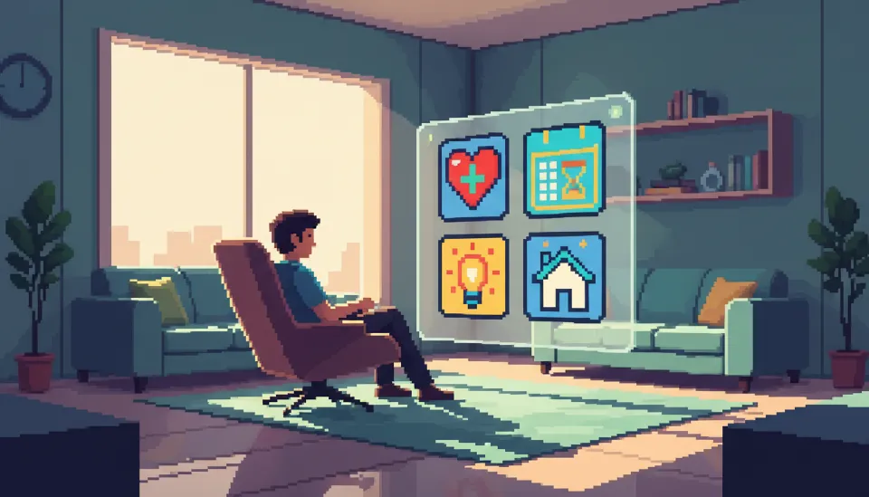 에이전틱 OS가 생성한 개인화된 대시보드를 확인하며 아침 일상을 시작하는 사용자와 스마트 디스플레이의 모습