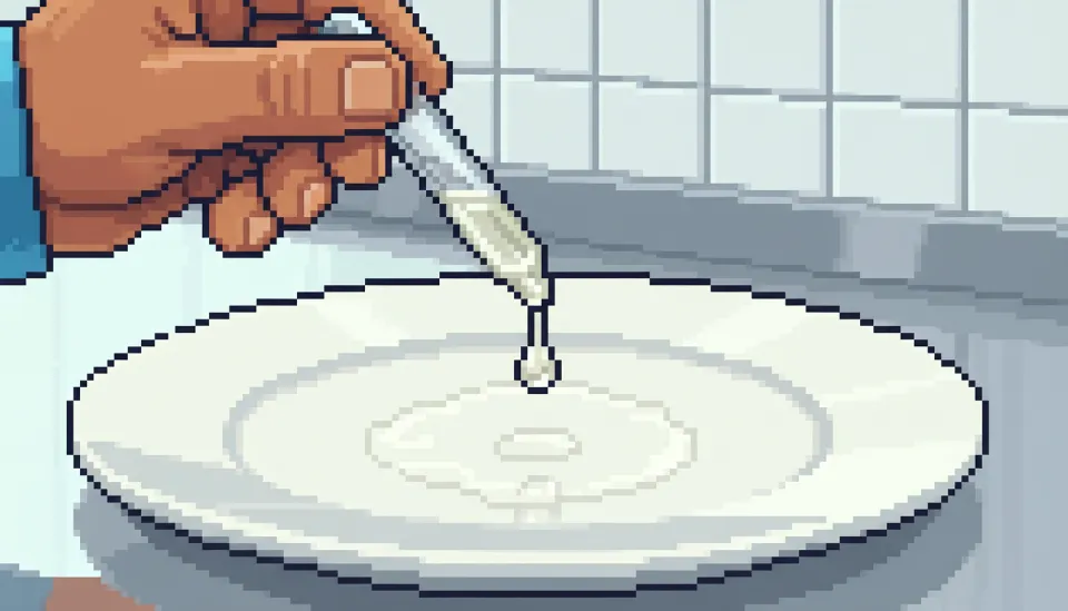 식기 표면의 하얀 얼룩에 식초를 떨어뜨려 세제 잔여물과 석회질 성분을 구분하는 식초 테스트 과정