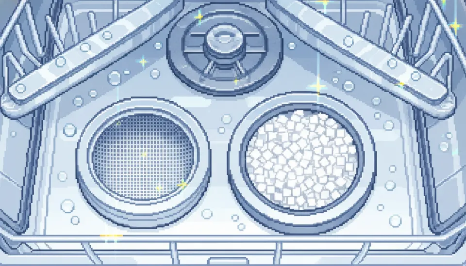 식기세척기 내부의 은색 거름망과 연수기 소금 투입구가 깨끗하게 관리되어 있는 위생적인 모습