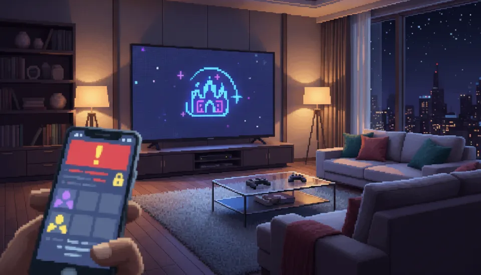 세련된 거실의 대형 TV에 디즈니 플러스 로고가 띄워져 있고 스마트폰 화면에 계정 공유 관련 알림 창이 나타난 모습, 디즈니 플러스 계정 공유 금지 정책의 시각적 묘사