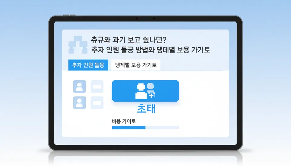 태블릿 화면에 구현된 디즈니 플러스 요금제 설정 메뉴와 추가 멤버 초대 버튼, 디즈니 플러스 추가 가구 등록 방법 및 비용 설명