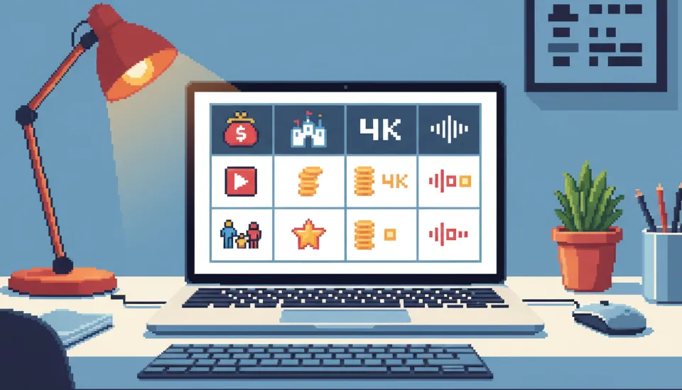 노트북 화면에 표시된 디즈니 플러스 요금제 정책 비교 표와 4K 고화질 아이콘, 디즈니 플러스 요금제 선택 가이드