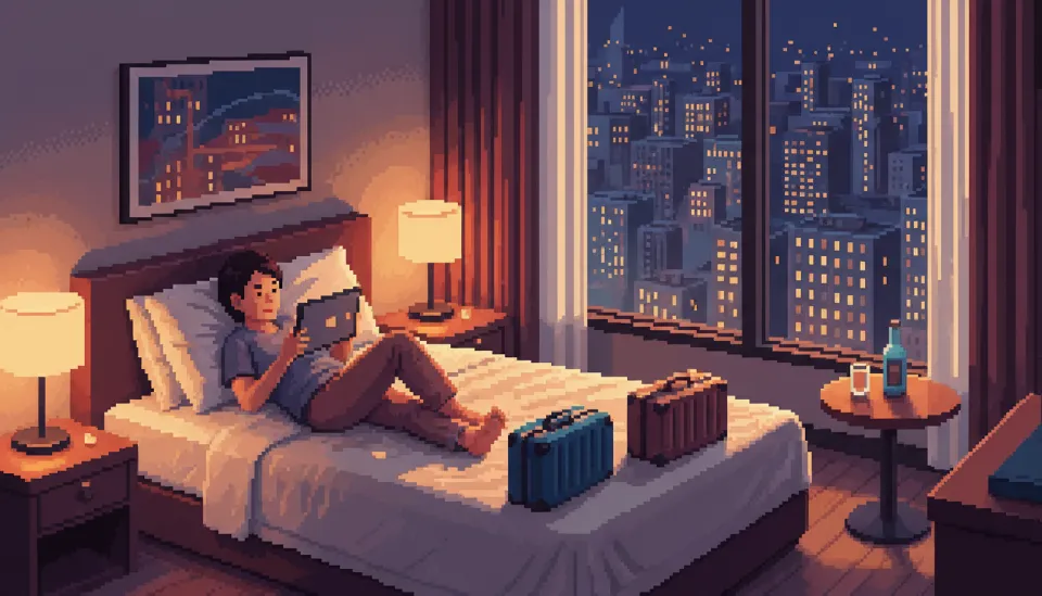 호텔 방 안에서 태블릿으로 영상을 시청하는 여행객과 창밖의 도시 풍경, 디즈니 플러스 외부 시청 및 여행 중 인증 방법 설명