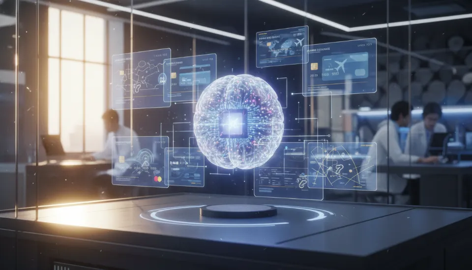 여러 개의 홀로그램 금융 및 여행 앱 인터페이스와 상호작용하며 자율 업무를 수행하는 GPT-6 액션 모델의 디지털 뇌 형상