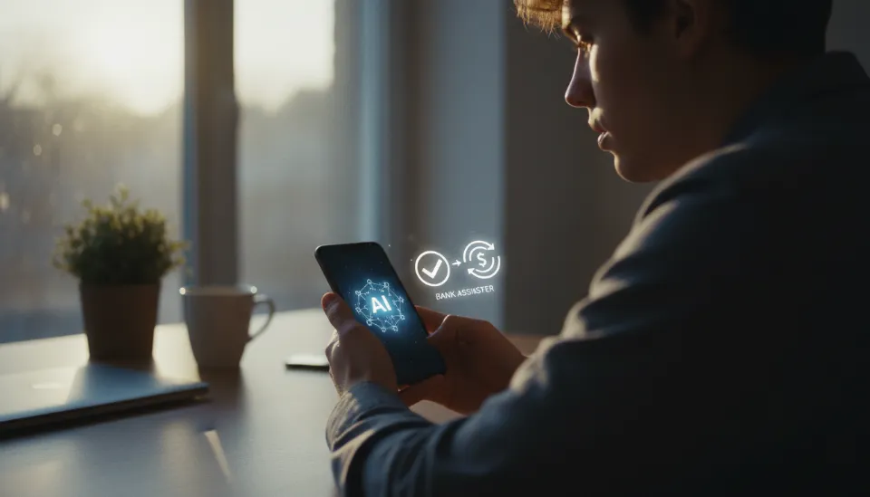 스마트폰 화면에 AI 에이전트가 완료한 은행 송금 성공 알림을 보고 있는 사용자의 모습과 미니멀한 사무실 환경