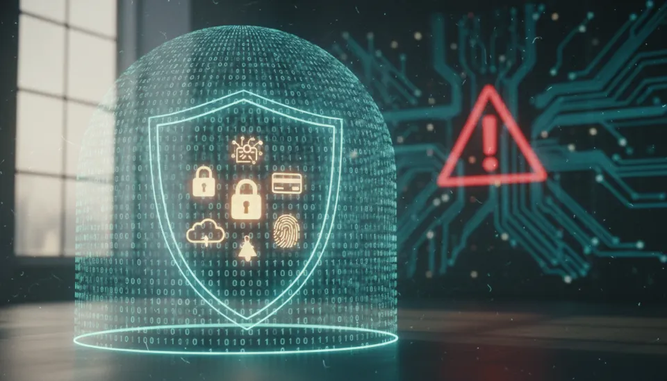 개인 정보 금고를 보호하는 이진법 코드 장벽과 빨간색 경고 기호로 표현된 AI 보안 및 데이터 프라이버시 개념