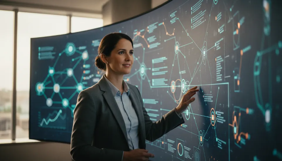 복잡한 전략 지도와 AI 성과 차트가 표시된 대형 디지털 대시보드 앞에서 전략을 기획하는 전문직 종사자의 모습