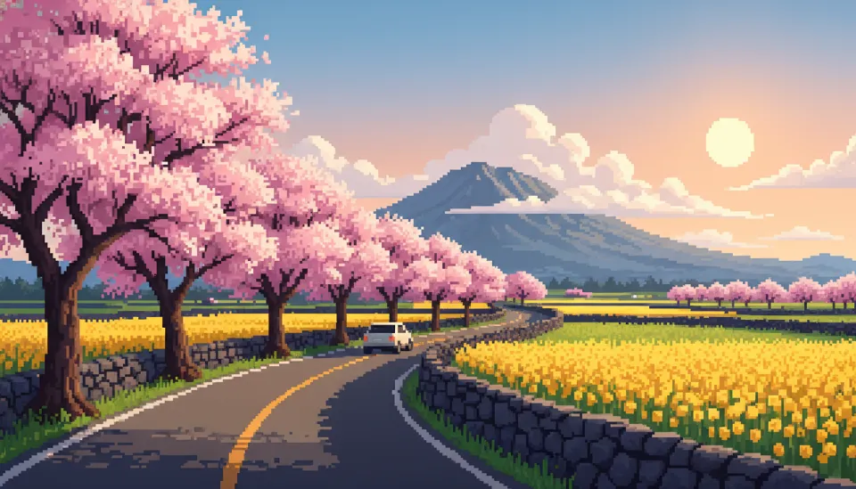 제주도 가시리 녹산로 도로변에 만개한 분홍색 왕벚꽃과 노란 유채꽃이 조화를 이루는 봄철 드라이브 풍경