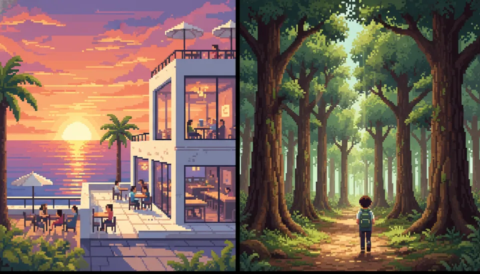 활기찬 분위기의 애월 바다 전망 카페와 고요한 비자림 숲길 산책로를 비교한 이미지