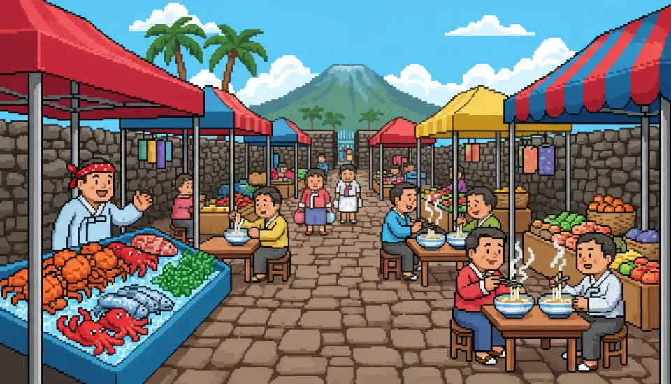 제주 전통 오일장에서 도민들이 즐겨 찾는 가성비 좋은 고기국수 식당 내부와 신선한 식재료 풍경