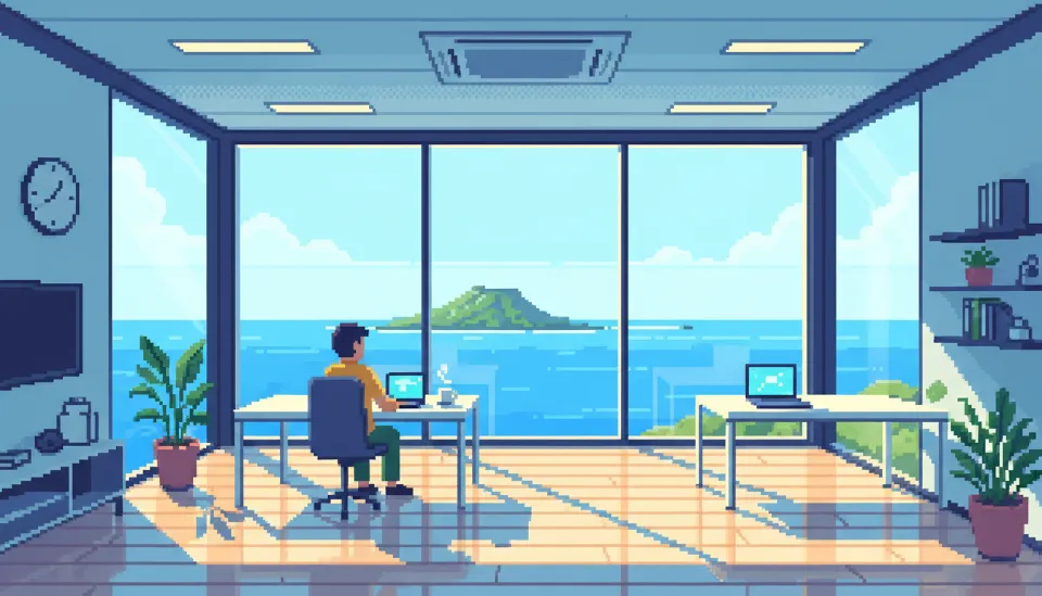 제주 바다가 한눈에 들어오는 탁 트인 전망의 현대적인 공유 오피스에서 업무에 집중하고 있는 워케이션 모습