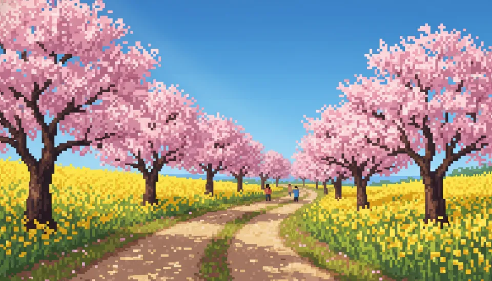 제주도 중산간 도로변에 핀 연분홍 벚꽃 터널과 노란 유채꽃이 조화를 이루는 봄 풍경