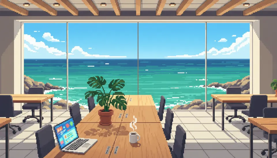 제주의 푸른 바다가 한눈에 들어오는 창가에 배치된 워케이션용 노트북과 커피가 놓인 책상