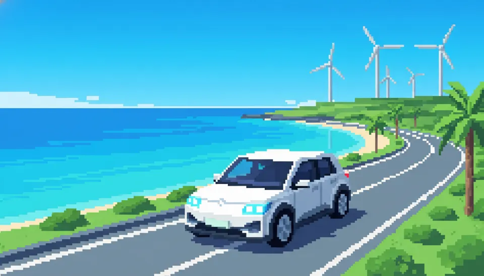 푸른 바다와 풍력 발전기가 보이는 해안도로를 달리는 하얀색 전기차의 친환경적인 모습