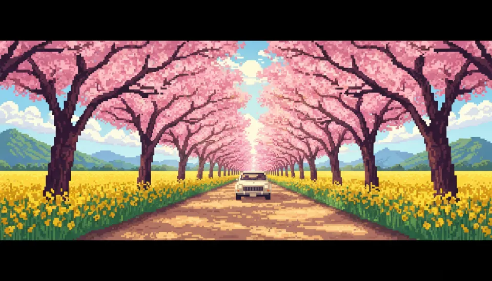 제주 가시리 녹산로 드라이브 코스에서 분홍색 왕벚꽃과 노란 유채꽃이 층을 이루어 만개한 환상적인 봄 풍경