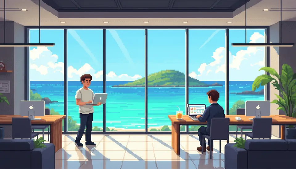 협재 해변의 에메랄드빛 바다가 보이는 통유리창 앞 현대적인 제주 워케이션 공유 오피스 내부 전경