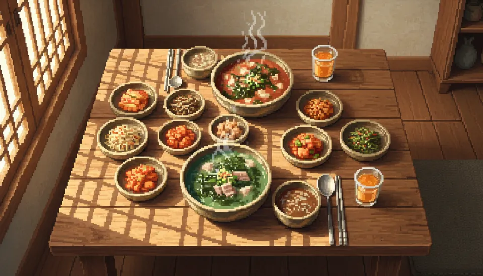 제주산 고사리와 모자반을 활용한 전통 토속 음식들이 정갈하게 차려진 제주 도민 맛집의 상차림