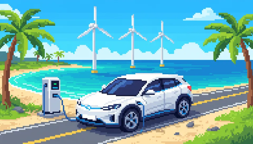 신창 풍차 해안도로를 배경으로 충전 중인 최신형 전기차와 푸른 제주 바다 풍경