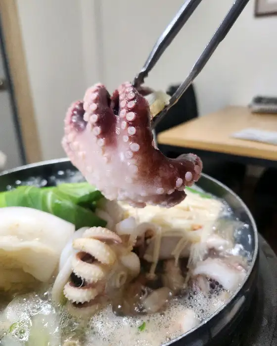 집게로 집어 올린 문어