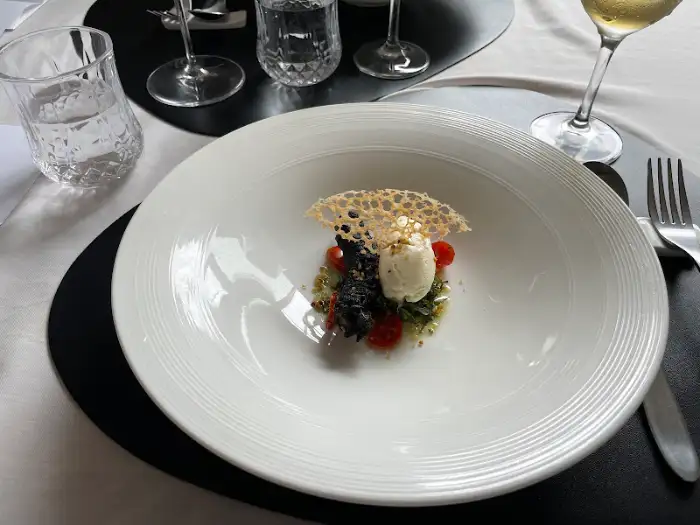 A white plate with a small portion of food, topped with a crispy lattice decoration and some vegetables.