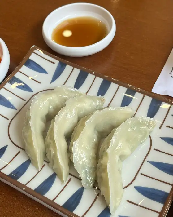 담백한 만두 한 접시와 간장 소스