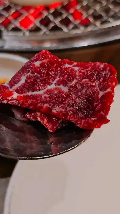 집게로 집어 올린 소고기 한 점