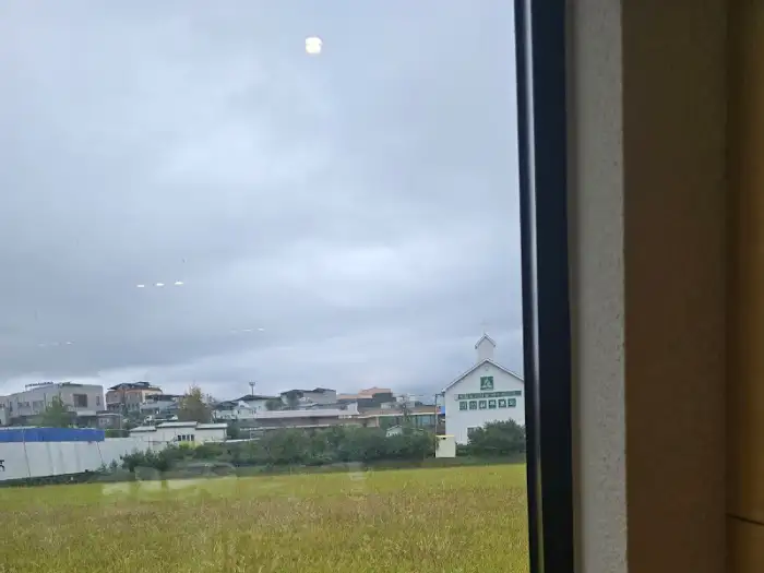 창밖으로 보이는 논밭 풍경