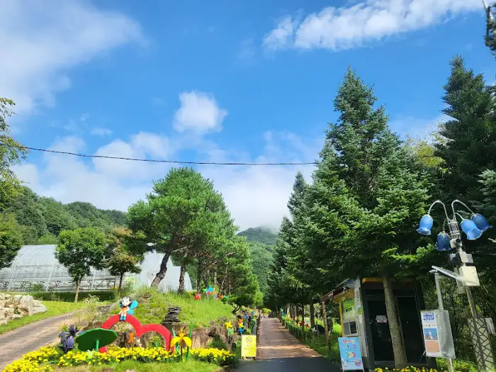 잘 정돈된 산책로와 주변의 나무들, 조형물들