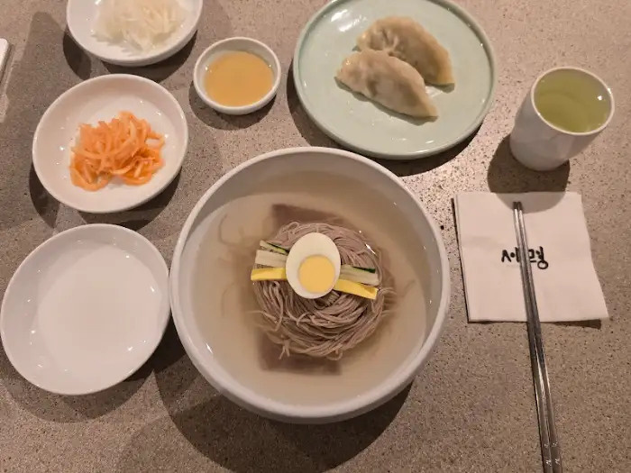 평양냉면 한 그릇과 만두 접시가 놓여 있는 모습. 냉면 위에는 달걀과 오이가 고명으로 올라와 있습니다.