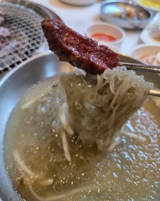 시원한 육수에 담긴 냉면을 고기와 함께 집어 올린 모습