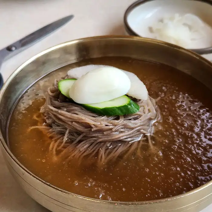 평양냉면 면발의 질감이 돋보이는 클로즈업 샷