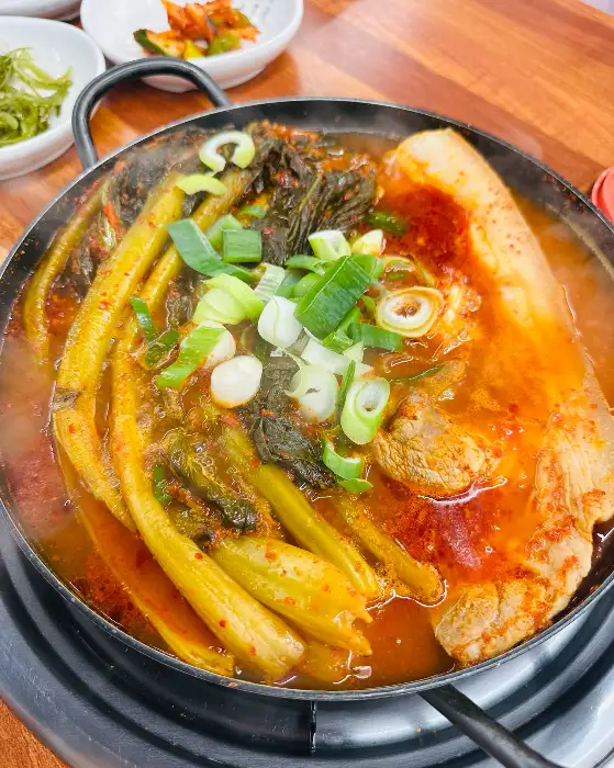 갓김치와 고기가 듬뿍 들어간 찌개