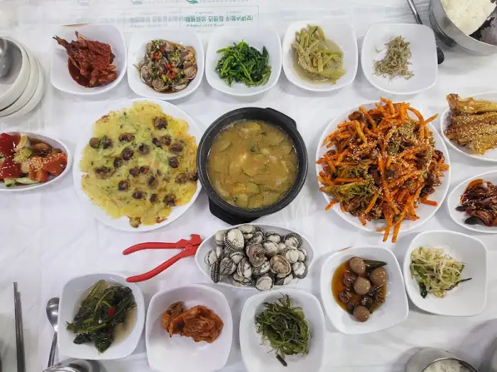 벌교 꼬막정식 상차림 항공샷