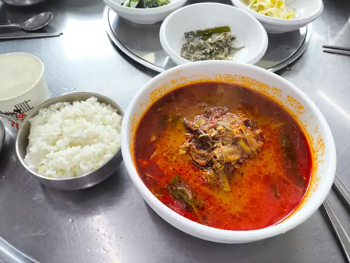 김이 나는 육개장 뚝배기와 밥