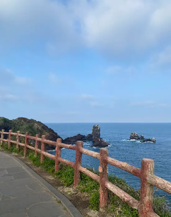 바다 풍경과 나무 난간