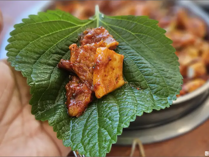 깻잎 위에 올려진 갑오징어와 삼겹살 불고기