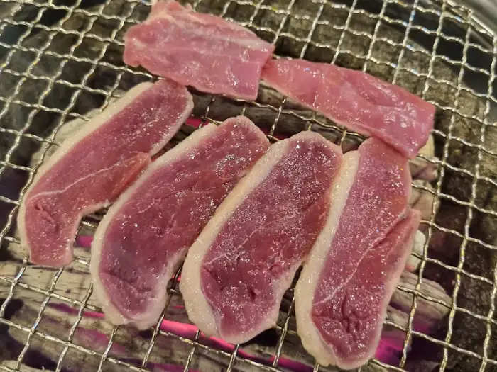 신선한 오리 여러 부위가 숯불구이 그릴 위에 올라가 있습니다.