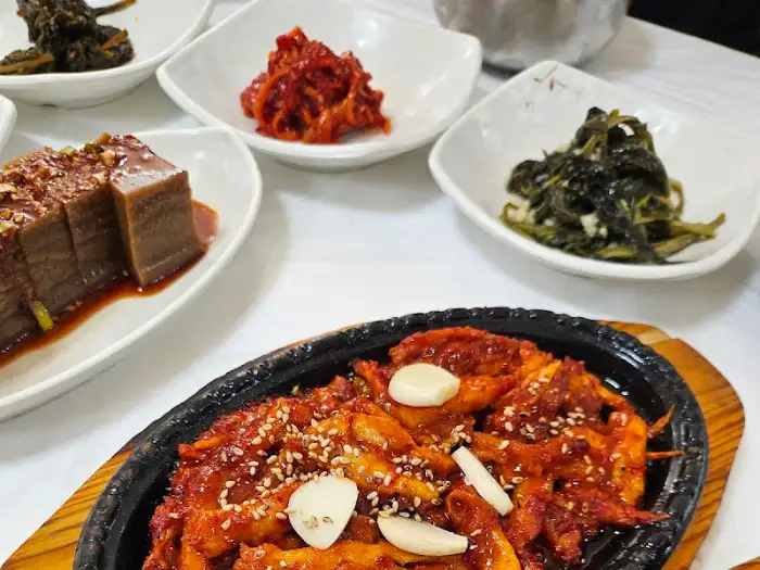 매콤한 양념에 버무려진 닭고기 요리