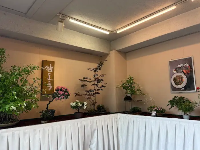 전통적인 느낌의 간판과 수목 장식