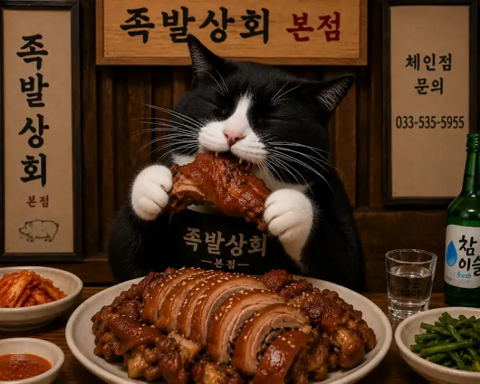 귀여운 고양이 캐릭터가 족발을 즐기는 모습의 족발상회 홍보물